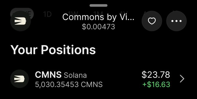 Cryptocurrency app screenshot showing a position in 'CMNS' token on Solana valued at $23.78 with a gain of +$16.63.