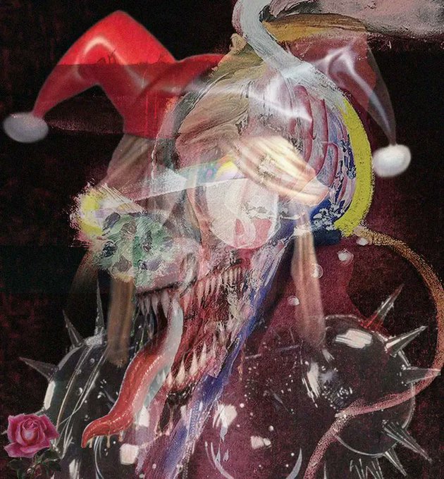 A dark, surreal, and chaotic artwork featuring a monstrous skull-like creature with sharp teeth, a jester hat, spikes, and a pink rose against a dark background.