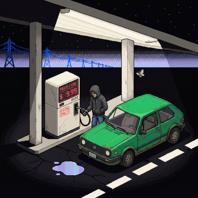 A pixel art scene depicting a hooded person filling up a green hatchback at night at a pump labeled 'PRICE 8 GAL $9.99 SELF SERVE' with a bridge and electrical towers in the background.