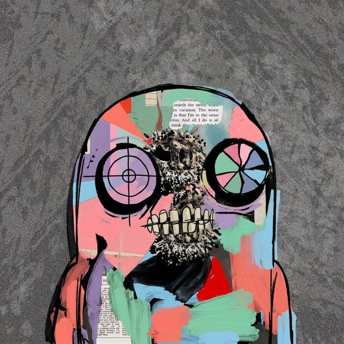 A colorful mixed-media artwork featuring a stylized skull-like figure with mismatched circular eyes (one resembling a target), a textured beard, and overlaid text fragments including "converse" and "search the street..." against a gray background.