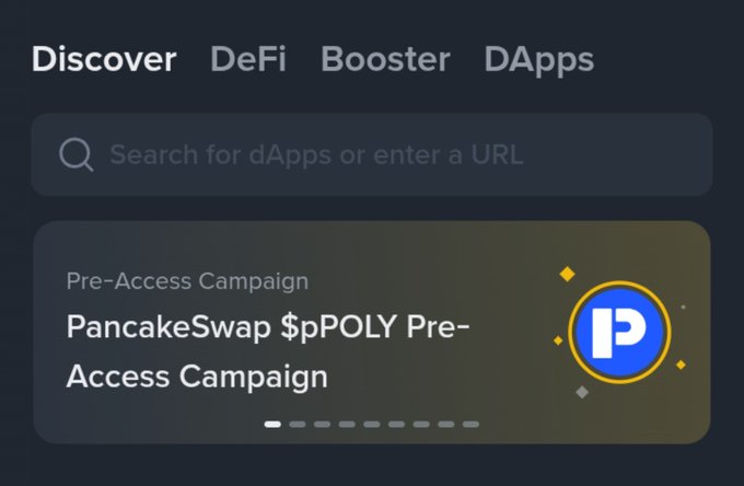 A dark-themed Binance Wallet DApp browser interface displays navigation tabs "Discover," "DeFi," "Booster," and "DApps," along with a search bar prompting users to "Search for dApps or enter a URL." Below, a featured campaign banner titled "Pre-Access Campaign" promotes the "PancakeSwap $pPOLY Pre-Access Campaign" alongside PancakeSwap's blue and yellow "P" logo, with carousel pagination dots indicating additional promotions. The image visually corresponds to the accompanying post by showing where users can access the PancakeSwap Pre-Access campaign within Binance Wallet, supporting the post's instructions to navigate to the Wallet section to check eligibility for the $pPOLY token offering running September 21-24.
