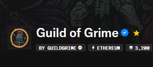 A Discord server header for "Guild of Grime" on the Ethereum network with 3,200 members, marked as official with a gold star.