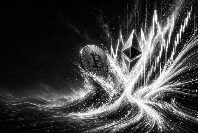 A monochromatic black and white artistic composition featuring a Bitcoin coin and Ethereum logo surrounded by flowing particle streams and candlestick chart patterns.