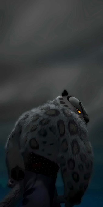 A digital painting depicts a muscular snow leopard with glowing orange eyes hunching over in a dark, shadowy environment.
