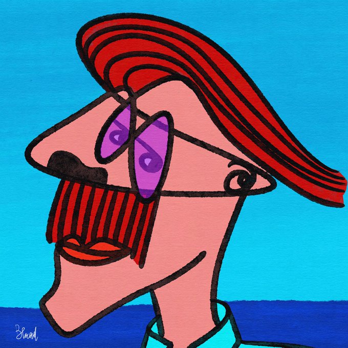 A stylized cubist portrait painting of a man with red hair swept back, wearing purple glasses and a red mustache, set against a turquoise blue background with the artist's signature 'Brad' visible.