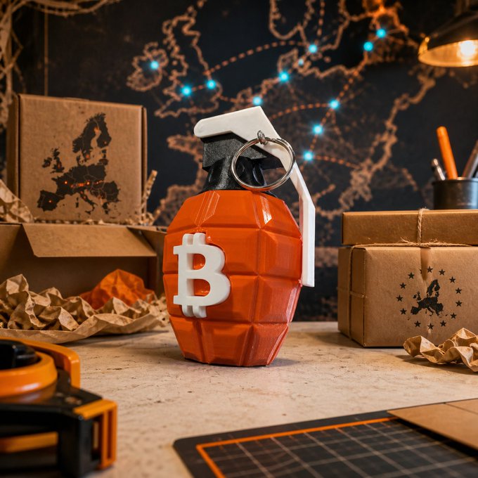 A 3D-printed Bitcoin grenade with a Bitcoin logo, displayed on a desk with a Europe map backdrop, packages, and a keychain.