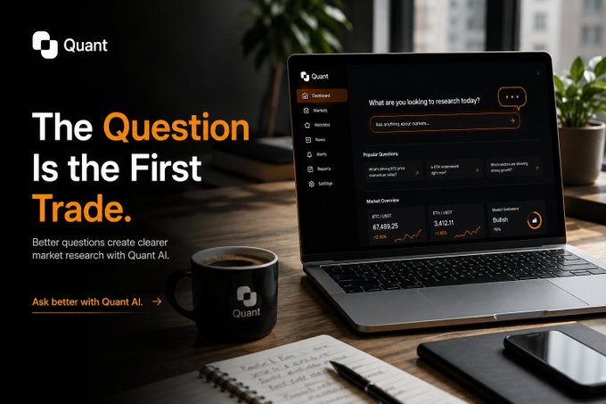 A Quant AI marketing banner stating 'The Question Is the First Trade.' showing a laptop displaying the Quant dashboard alongside a branded coffee mug on a desk.