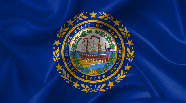 The flag of New Hampshire, featuring a blue field with the state seal in the center, encircled by a laurel wreath, the year 1776, and stars.