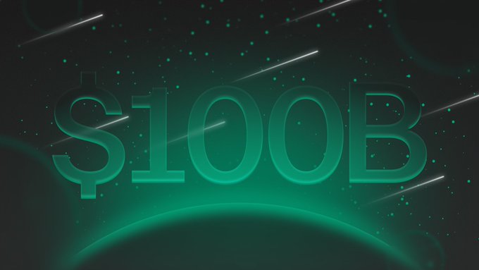 The image features the text "$100B" in bold teal lettering against a dark, cosmic background filled with shooting stars and glowing green orbs, symbolizing a major financial milestone.

The "$100B" text highlights a significant $100 billion achievement, tying into the post's celebratory reveal of a revamped usdt0.to platform with hidden Easter eggs to discover.