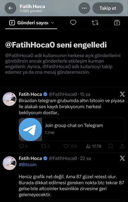 A notification on Twitter/X shows that user @FatihHoca0 has blocked the viewer, with Turkish text indicating "you can no longer view, follow, or message" this account. The accompanying post criticizes Fatih Hoca for being absent during Bitcoin's decline, sharing a bearish tweet predicting BTC won't reach $87K and altcoins won't recover, while the blocked user notes altcoins have already approached their previous levels.