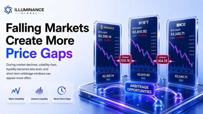 A promotional graphic by Illuminance Global titled 'Falling Markets Create More Price Gaps,' showing BTC/USDT price differences of $510.78 between Binance ($62,305.14) and Bybit ($62,815.92), and $424.79 between Bybit and OKX ($63,240.71), highlighting arbitrage opportunities during market declines.