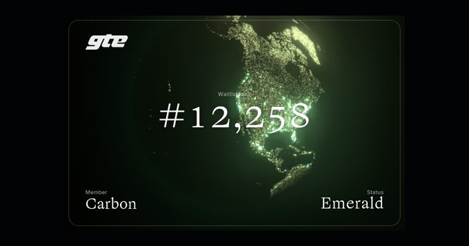 A dark green digital card displaying 'Ste' logo, the number '#12,258', 'Waiting...', 'Member: Carbon', and 'Status: Emerald' over a lit map of the world.