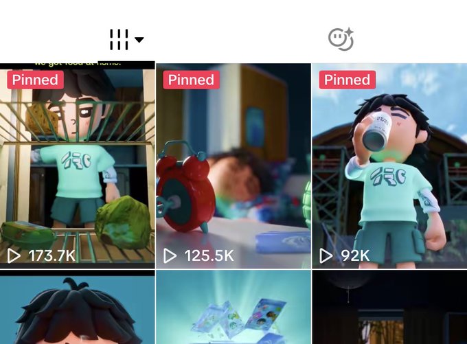 A screenshot of a social media profile displays three pinned video posts featuring a 3D animated character in a mint green "GFG" sweatshirt, with view counts of 173.7K, 125.5K, and 92K respectively, showcasing the viral TikTok animations highlighted in the accompanying post about Trencher's accomplishments.