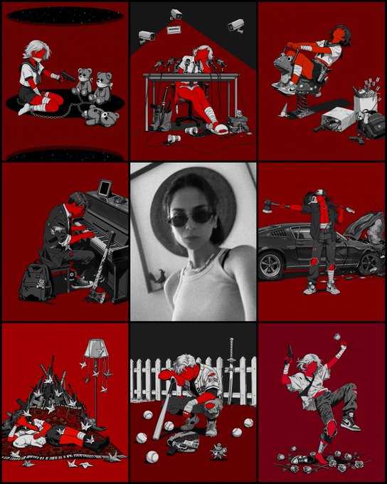 A 3x3 grid of stylized red and black illustrations depicting various scenes—teddy bears, a presidential podium, a girl with sunglasses, a car, and other vignettes—surrounding a central black-and-white photograph of a young woman wearing round sunglasses, all unified by the bold red palette referenced in the caption "my art in RED."