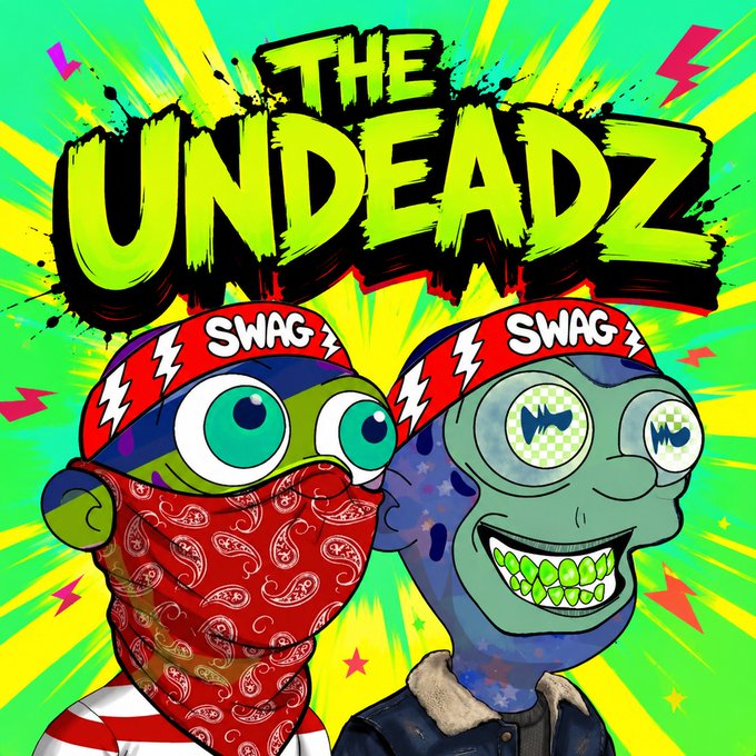 A vibrant cartoon graphic features two characters wearing red "SWAG" hats with the bold title "THE UNDEADZ" against a green and yellow explosive background, one with a red bandana and the other a blue-skinned zombie with green teeth.