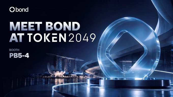 Promotional banner: 'MEET BOND AT TOKEN 2049, BOOTH PB5-4' with Singapore skyline and Marina Bay Sands in the background.