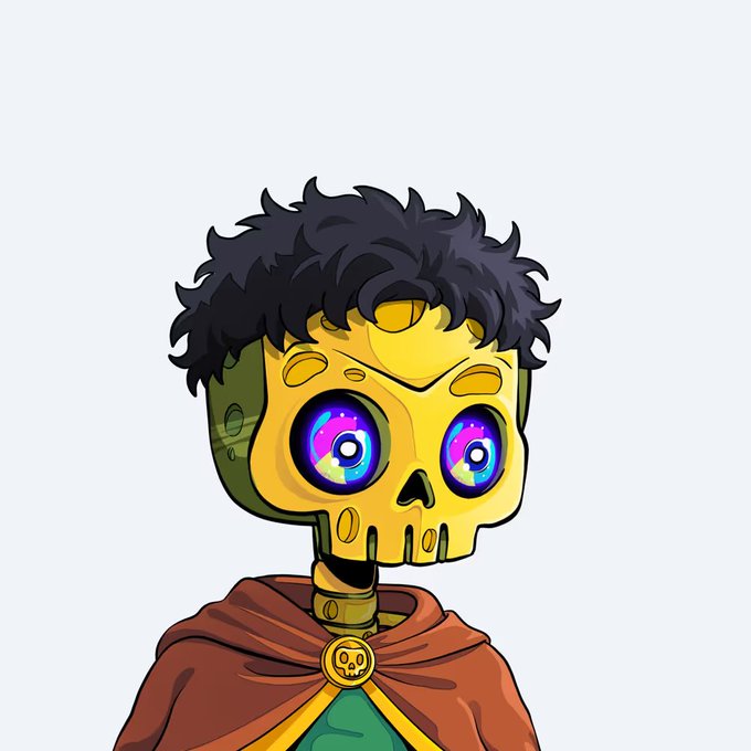 A digital illustration of a skeletal character with a yellow skull face, large purple galaxy-patterned eyes, dark messy hair, and a brown cloak fastened with a skull pin.