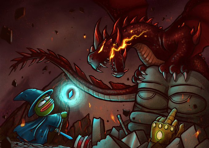 A fantasy illustration depicts a small wizard-like figure in a blue robe wielding a glowing staff, facing off against a massive red dragon amidst a fiery, rocky landscape.