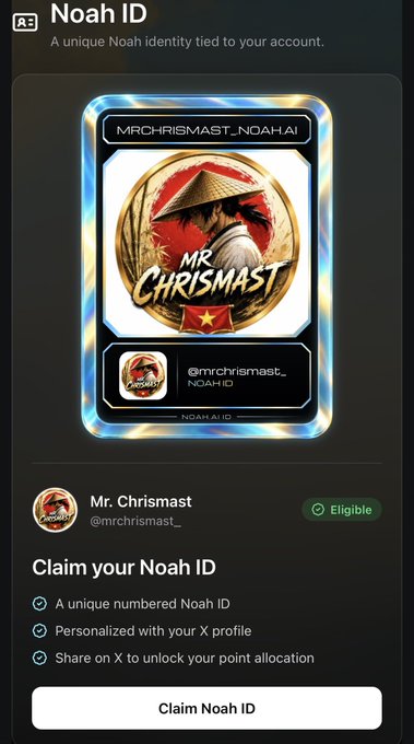A mobile interface showing a 'Noah ID' digital card for the username 'MRCHRISMAST_' with a profile picture of a person in a conical hat labeled 'MR CHRISTMAS', and a green 'Eligible' badge.