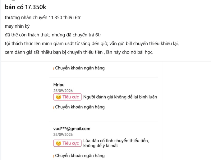 Screenshot of Vietnamese-language negative reviews complaining about a seller who accepted 17,350k but only transferred 6 million, with users like 'Mrlau' and 'vud***@gmail.com' leaving comments like 'Lừa đảo có tinh chuyển thiếu tiền, không để ý là mất' (Scam habitually transfers less money, careless and you lose it).