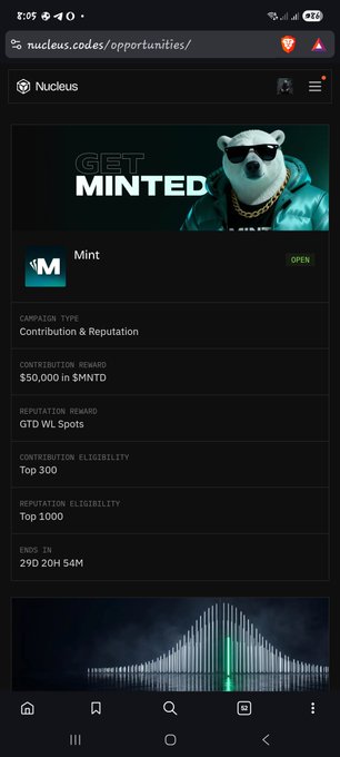 A mobile screenshot of the Nucleus platform showing a "Get Minted" campaign with details: Contribution & Reputation type, $50,000 in $MNTD reward, GTD WL Spots reputation reward, Top 300 eligibility, and Top 1000 reputation eligibility, ending in 29D 20H 54M.