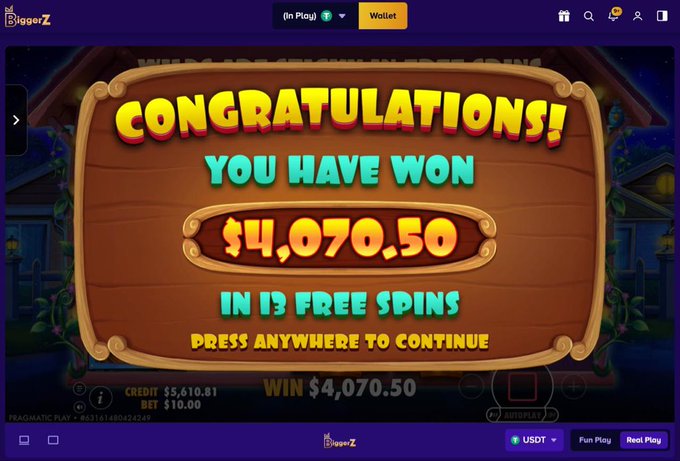 An online casino slot machine screenshot showing 'CONGRATULATIONS! YOU HAVE WON $4,070.50 IN 13 FREE SPINS' from BiggerZ, with a credit balance of $5,610.81.