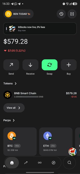 A mobile app screenshot showing a crypto wallet with a balance of $579.28 in BNB Smart Chain, featuring Send/Receive/Swap/Buy options.
