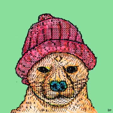 A colorful pop-art style illustration of a brown dog wearing a pink beanie and a blue tongue sticking out against a green background.
