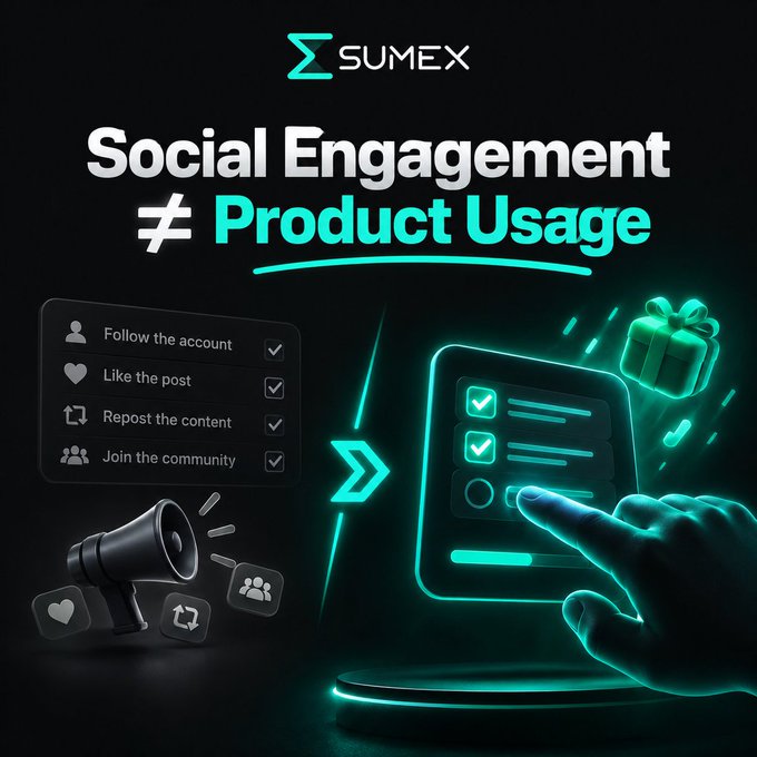 A digital marketing graphic by SUMEX stating 'Social Engagement ≠ Product Usage', illustrating the difference between social media actions and actual product use.