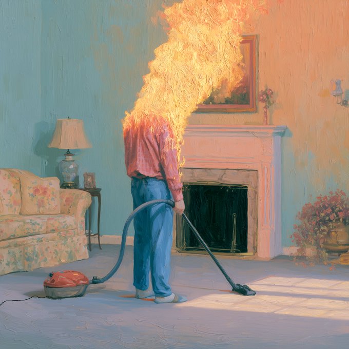 A figure in a red shirt vacuums a pastel living room, their head engulfed in a towering plume of flames. The surreal scene captures the crushing mundanity of daily chores, where the silent, ordinary act of cleaning erupts into a literal burnout—an overwhelmed mind, quite literally, on fire.