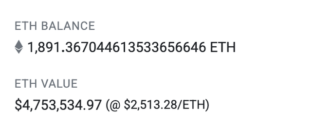 The image displays an ETH wallet balance showing 1,891.36704613533656646 ETH valued at $4,753,534.97 at a price of $2,513.28/ETH. This aligns with the post's message by suggesting that despite the large ETH holdings representing substantial wealth, it's only a small fraction (single-digit percentage) compared to the massive amount spent on Otherside mint gas fees, emphasizing how early they still are in the space.