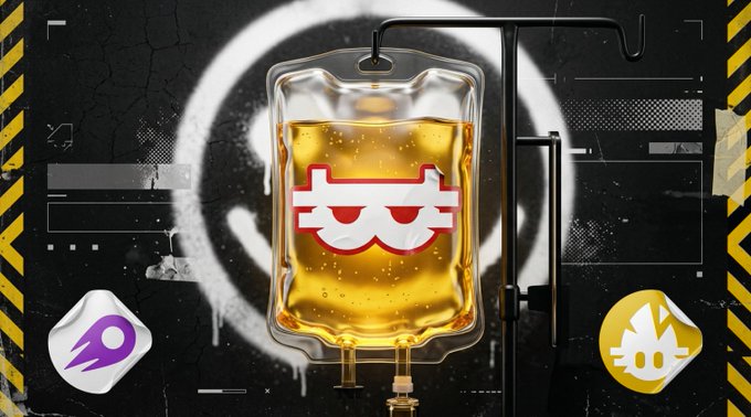 A yellow IV drip bag featuring the Steal a Brainrot character mascot hangs against a graffiti-style background, promoting Roblox development updates including "Escape from Era" beta and "Steal & Defend" progress with new weapon systems and refactored trap mechanics.