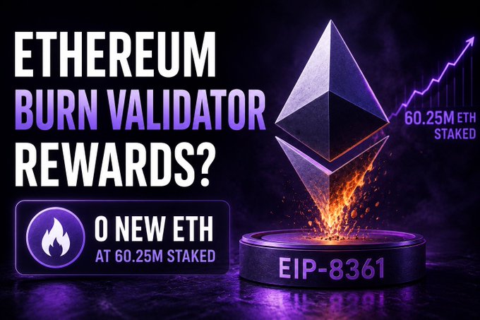 A graphic featuring the Ethereum logo with text reading 'ETHEREUM BURN VALIDATOR REWARDS?', '0 NEW ETH AT 60.25M STAKED', '60.25M ETH STAKED', and 'EIP-8361'.