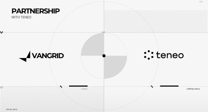A partnership announcement graphic displays the logos for 'VANGRID' and 'teneo' alongside the text 'PARTNERSHIP WITH TENEO'.