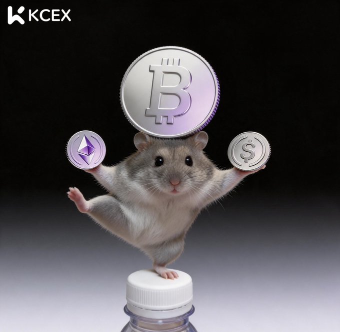 A hamster character balancing on a water bottle while holding crypto coins (Bitcoin, Ethereum, and USD) with 'KCEX' branding.