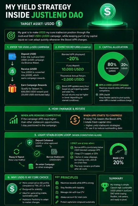 An infographic titled "MY YIELD STRATGEY INSIDE JUSTLEND DAO" (with "STRATGEY" misspelled) outlines a six-step plan using the USDD-ⓢUSD JustLend campaign, highlighting a ~20% blended APR, 80% capital allocation to the campaign, a max 20% LTV stablecoin loop, and USDD's conservative risk profile—tying directly into the post's call for DeFi scientists to deposit, stake, and farm USDD (alongside TRX, SUN, and JST) through JustLend DAO for the $2.15M reward pool.
