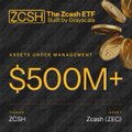 A promotional graphic for the Grayscale Zcash Trust (ticker $ZCSH) displays "ASSETS UNDER MANAGEMENT $500M+" in bold white text against a dark honeycomb-patterned background featuring a golden bee illustration, highlighting the milestone mentioned in the accompanying post about the trust surpassing $500M in AUM as $ZEC trades above $1,260.