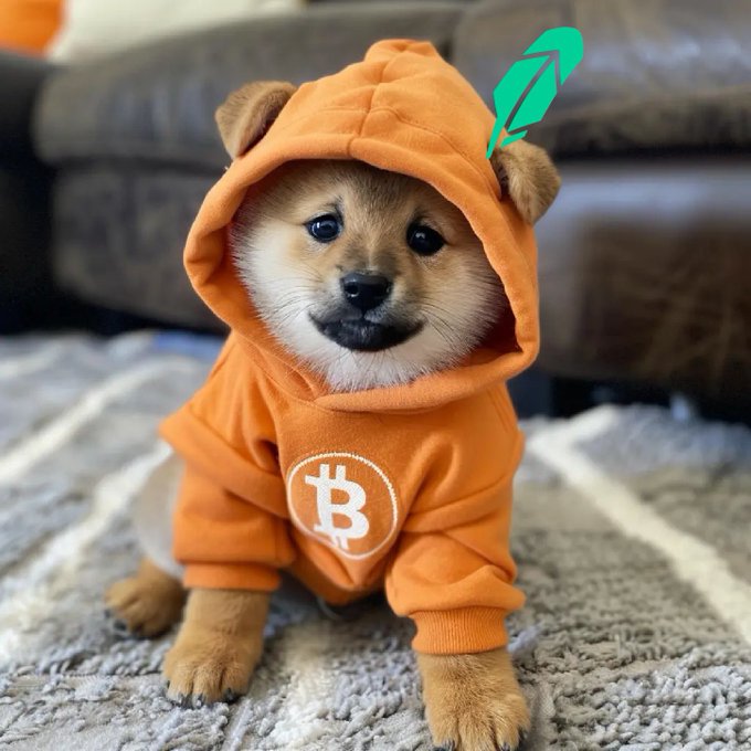 A small Shiba Inu puppy wearing an orange Bitcoin-logo hoodie, sitting on a rug with a green leaf digitally added above its head.