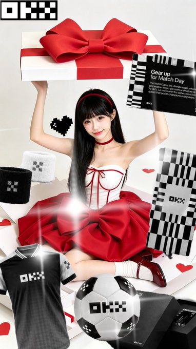 A woman in a red and white dress holds a large gift box adorned with a red bow above her head, surrounded by OKX-branded merchandise including a black and white soccer ball, apparel, and a clapperboard reading "Gear up for Match Day." The promotional post invites fans to participate in an OKX World Cup prediction contest for a chance to win the official OKX collaboration gift set.