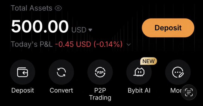 A Bybit cryptocurrency exchange dashboard displaying Total Assets of $500.00 USD with Today's P&L of -0.45 USD (-0.14%), featuring action buttons for Deposit, Convert, P2P Trading, Bybit AI, and More.