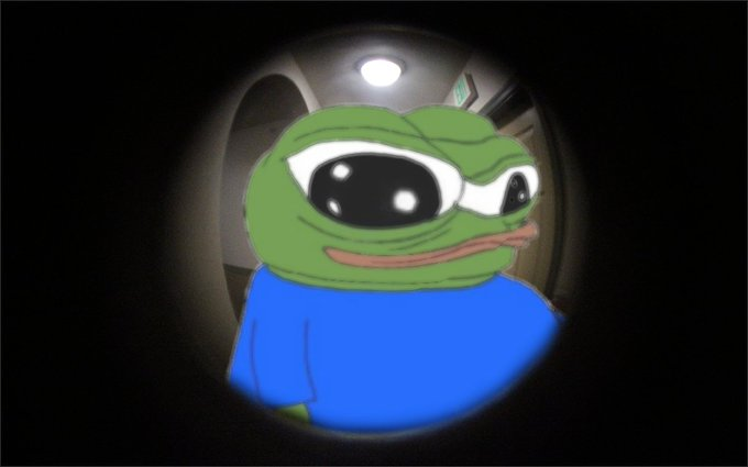 A Pepe the Frog meme character wearing a blue shirt, peering through a circular peephole with a sad/depressed expression in a dark setting.