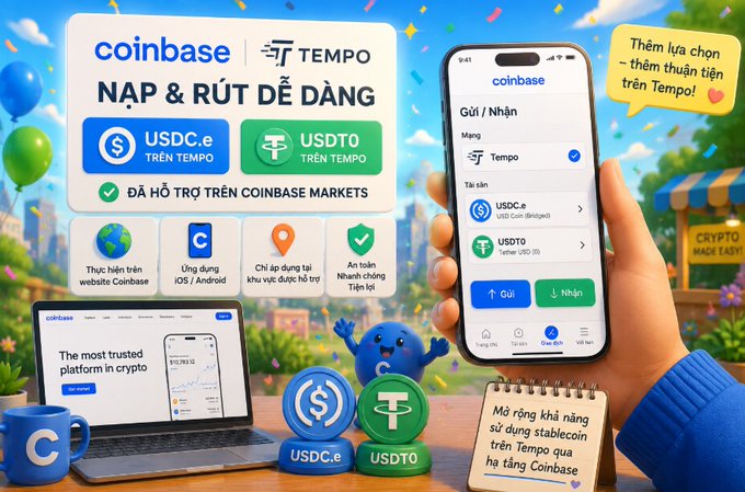Vietnamese promotional graphic for Coinbase integration with Tempo, advertising easy USDC.e and USDT0 deposits/withdrawals and a more stablecoin option for Coinbase users.