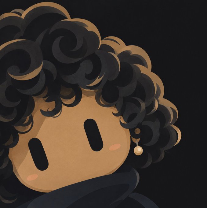 A cute cartoon-style illustration of a character with voluminous curly black hair, brown skin, blushing cheeks, and simple oval features, wearing a dark hoodie and a pearl earring against a black background.