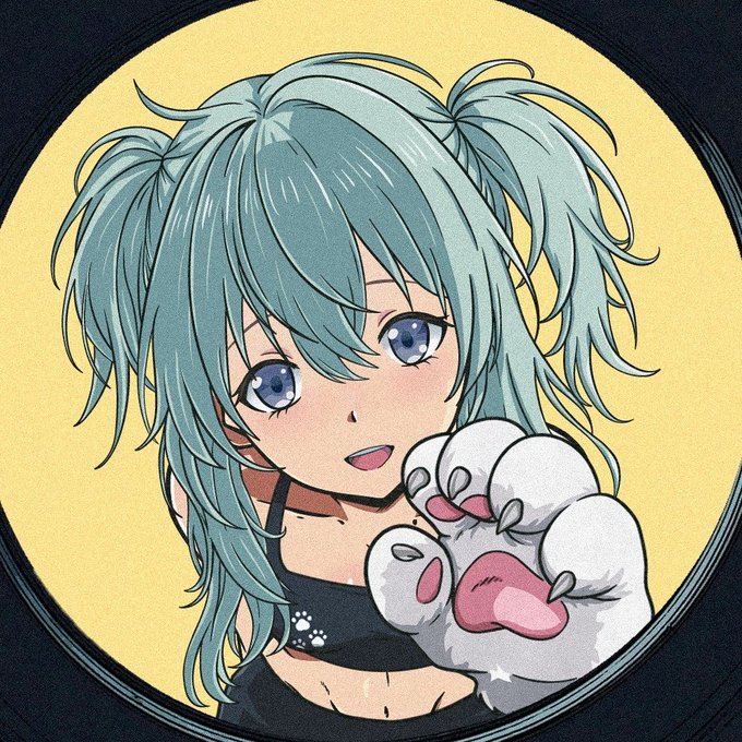 The image shows an anime-style illustration of a cute girl with teal pigtails holding up a fluffy white paw with pink pads, framed within a yellow circle on a vinyl record background. The post suggests this artwork is being used as a "PFP" (profile picture) for "Momo," a character being referenced as part of a gift given to a supporter before an upcoming mint.