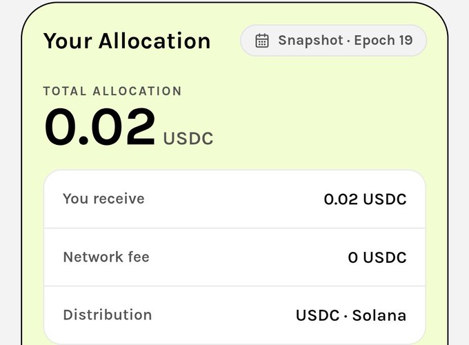 A UI card titled 'Your Allocation' showing a Snapshot from Epoch 19 with a total allocation of 0.02 USDC, a network fee of 0 USDC, and distribution via USDC on Solana.