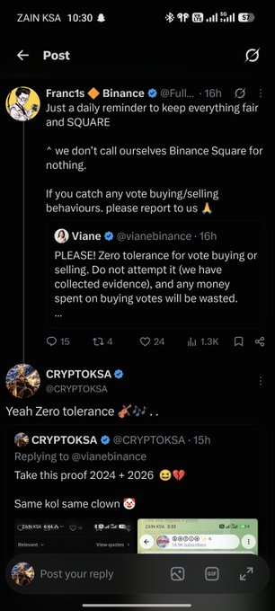 A Binance Square post by Francis highlights fair trading, warning against vote buying or selling; a quoted Viano post states, “PLEASE! Zero tolerance for vote buying or selling,” and a reply says “Yeah Zero tolerance.”