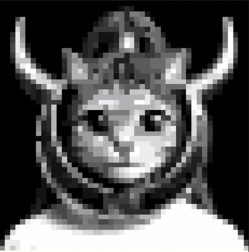 A pixel art image of a cat wearing a Viking or horned helmet against a black background.