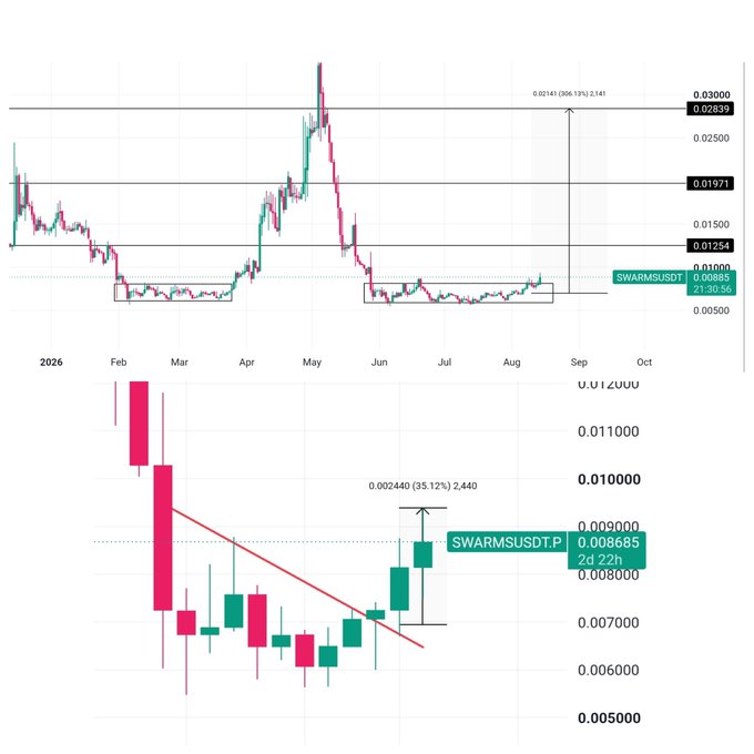 A two-panel financial chart displays the price action of $SWARMS (Swarm), with the top chart showing a longer-term view featuring resistance levels at $0.01254, $0.01971, and $0.02839, and the bottom chart providing a zoomed-in view highlighting a 35.12% gain from a $0.007 entry to the current $0.008685 price over a 2-day, 22-hour period. The charts visually confirm the post's claim of a 35% upside move from the initial entry point, with the bottom panel's candlestick pattern and breakout trendline illustrating the recent bullish momentum that validated the earlier warnings.