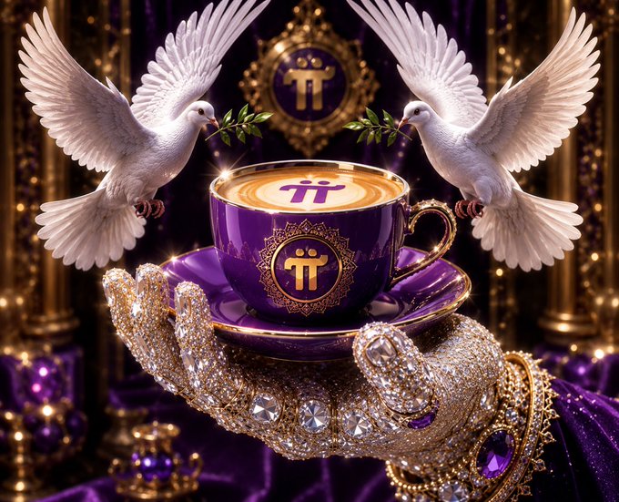 An ornate, jewel-encrusted hand holds a purple teacup adorned with the "π" (Pi) symbol, flanked by two white doves holding olive branches against a royal backdrop featuring the Pi logo—evoking luxury, peace, and the noble power of Pi Network as the essential "fuel" driving blockchain and digital innovation.
