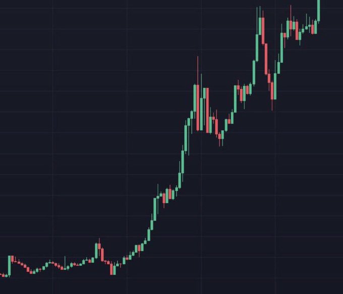 A candlestick chart displays a sharp upward price trend with predominantly green candles, illustrating a strong bullish rally—visual evidence of the massive gains ("1235x," "710x," "890x," etc.) claimed in the accompanying crypto "pump and dump" promotional post.